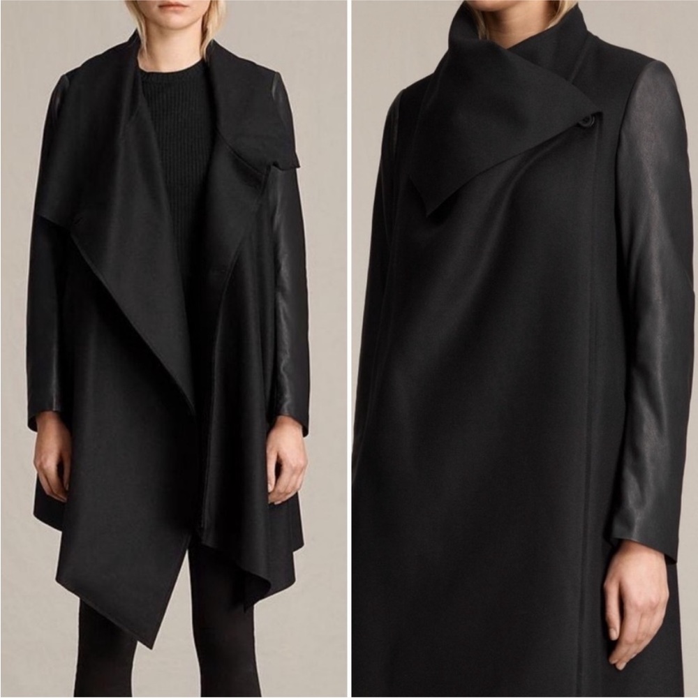 Allsaints Hyde Monument Jacket Black Wool Leather Asymmetrical Size 4